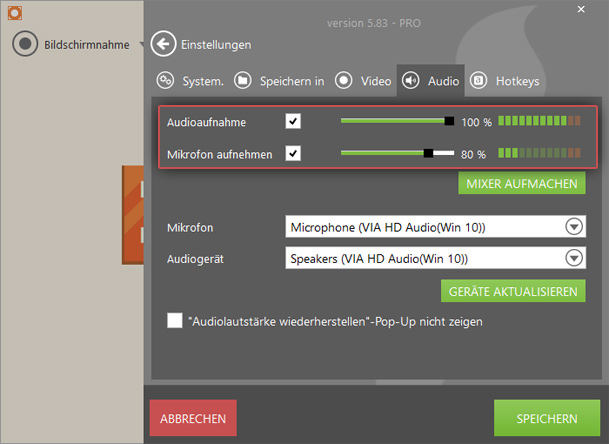 Audio Einstellungen des Aufnahme Programms Audio Einstellungen des Aufnahme Programms
