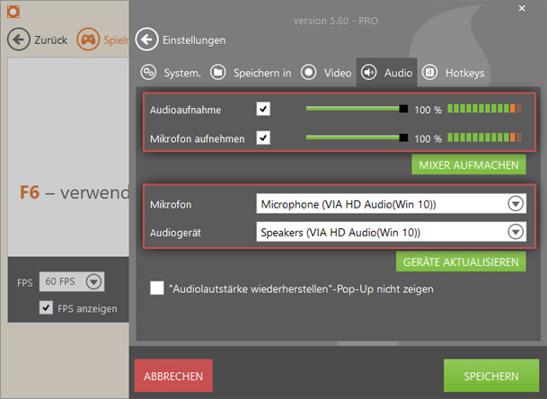 Audioeinstellungen des Aufnahmeprogramms für Spiele Audioeinstellungen des Aufnahmeprogramms für Spiele