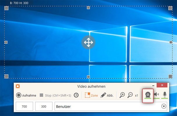 Das Webcam-Symbol im Aufnahmefenster Das Webcam-Symbol im Aufnahmefenster