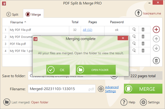 Notification that PDF files are merged