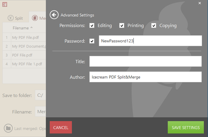 Settings for the output PDF file